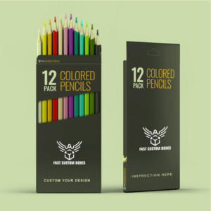 Black Printed Box with color pencils, custom box with Fast Custom Boxes Logo